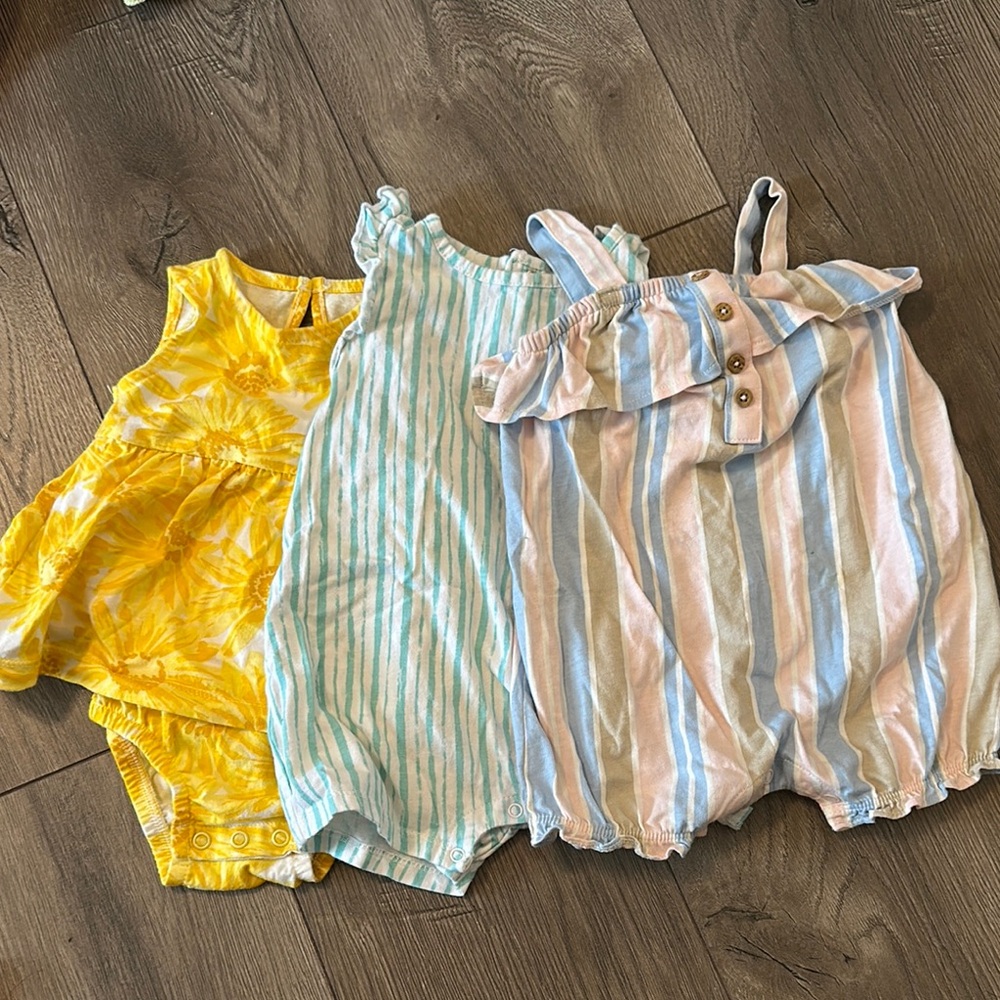 Set of 3 Baby Rompers - Yellow, Blue, and Pink Stripes